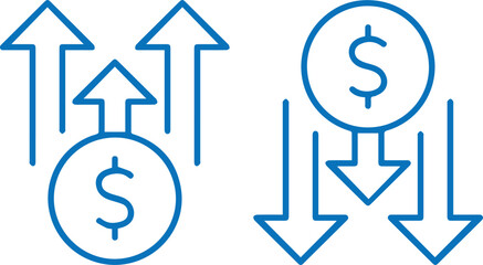 simple arrow icons,blue arrow pointing up,blue arrow pointing down,dollar sign icon,minimal flat design,monochrome vector illustration
