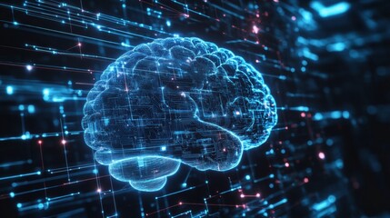 Human brain merging with AI-driven circuits on white background