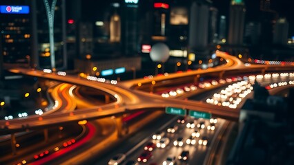 Obraz premium interchange. Close-up of a glowing city interchange at night, with blurred traffic lights creating an urban ambiance. mobility guides, transit brochures, designed for transport & logistics marketing.