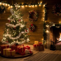 christmas tree with candles and decorations.