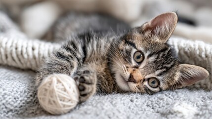 Adorable striped kitten playing with a ball of yarn on a cozy knitted blanket, capturing playful moments and cute animal expressions in natural light