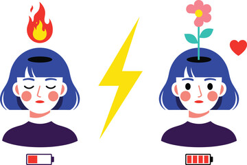 Vector Illustration Contrasting Mental Health States: Anger and Stress (Fire, Low Battery) vs. Wellness and Calmness (Flower, High Battery), Representing Emotional Burnout and Recovery.