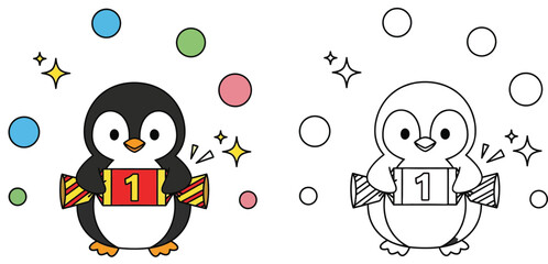 Cute cartoon penguin holding a party cracker with number one, vector illustration including colored and black and white outline versions for coloring book or page. © MdAbdul