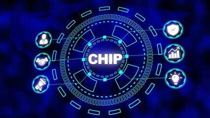 Digital network hub with word CHIP in center and icons on world map background Keywords: CHIP, technology, network, digital, data, connection, global, communication, business - Powered by Adobe