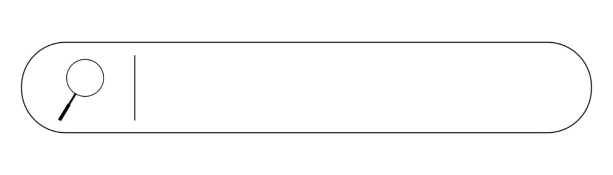 Clean minimalist black outline search bar input field with a classic magnifying glass icon and a vertical cursor line ready for user text entry on a digital interface isolated illustration