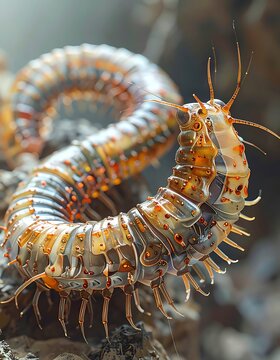 A centipede with orange spots is curled on a rock, facing the camera with its antennae