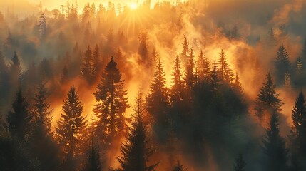Sunrise over misty pine forest soft golden light atmospheric beautiful scenic outdoor landscape background high resolution nature photography