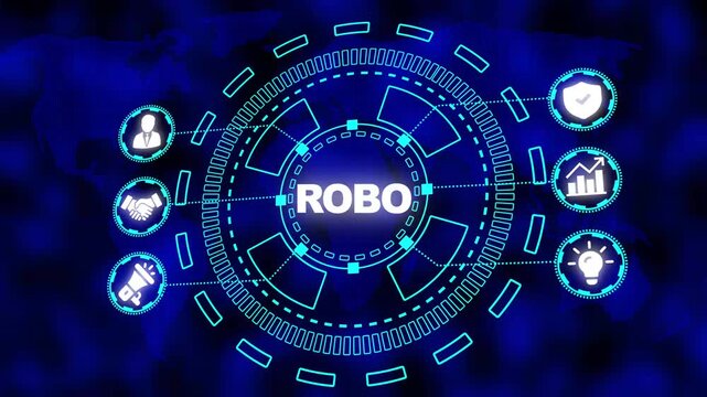 Digital network hub with word ROBO in center and icons on world map background Keywords: ROBO, technology, network, digital, data, connection, global, communication, business