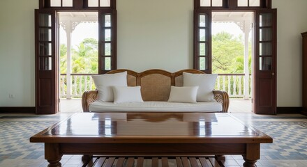 Fototapeta premium Colonial living room interior with rattan sofa and wooden table near open balcony doors