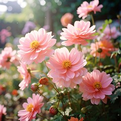 Fototapeta premium A field of blush-colored cosmos flowers, delicate petals surrounding bright yellow centers, bathed in sunlight