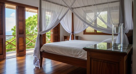 Fototapeta premium Tropical bedroom interior with four poster bed and mosquito net opening to balcony with nature view