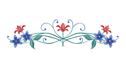Decorative floral ornament with blue and red flowers on white background