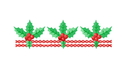 Christmas holly border with red berries and festive ribbon
