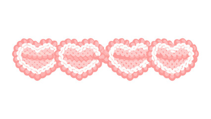 Pink heart-shaped lace ornaments in a horizontal row