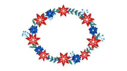 Circular folk flower frame with red and blue petals