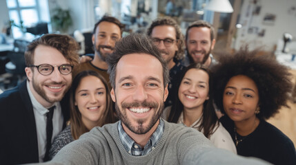 Fototapeta premium Group of friends gather for a cheerful selfie in an office setting during a workday 