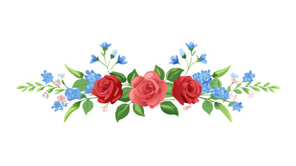 Symmetrical floral ornament with red roses and blue flowers