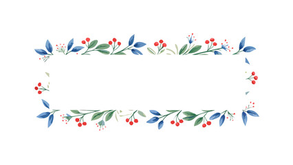 Botanical rectangular frame with blue leaves and red berries