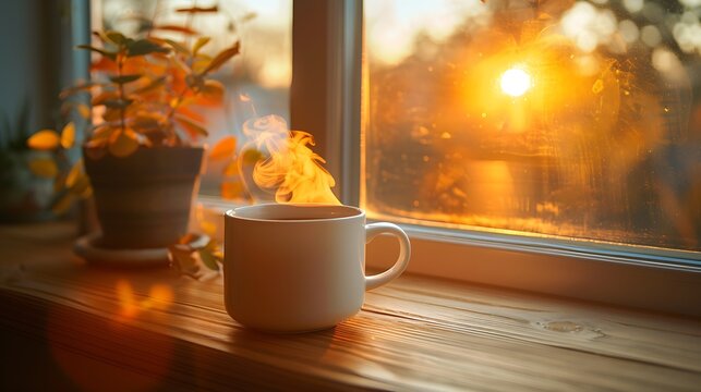 Close-up steaming tea mug wooden windowsill morning light co fresh organic healthy food ingredients culinary background high resolution photo - Powered by Adobe