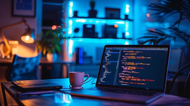 Dark mode workspace laptop with code ambient blue lighting m professional corporate office workspace concept high quality business stock photo