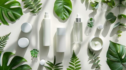 Product flat lay skincare items white background soft shadow high resolution detailed conceptual stock photo for creative design projects