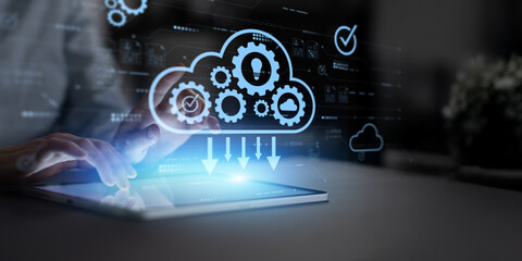 Cloud Automation and Data Workflow Visualization on a Digital Tablet Interface.