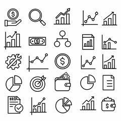 Business Finance Flat Line Icons Set - Money Growth Analytics