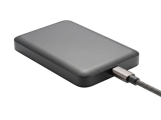 Compact portable hard drive designed as a clean data storage device presentation, isolated on white and transparent background, PNG with precise detailing