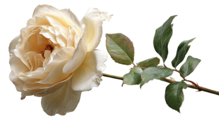 Single cream rose blossom with soft delicate petals symbolizing romance, purity, and elegance for floral design isolated on white background
