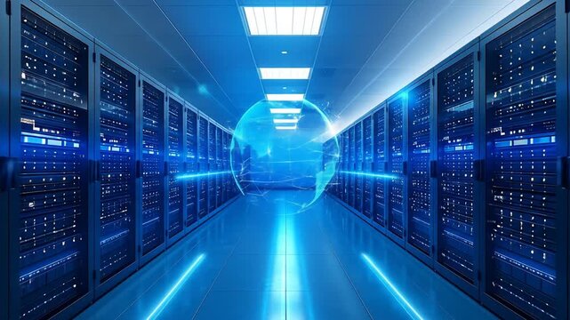 A data center with rows of server racks, a glowing globe, and neon light accents