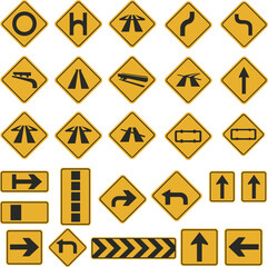 Yellow Diamond Road Sign Icons with Arrows and Road Markings Keywords: road sign, traffic sign