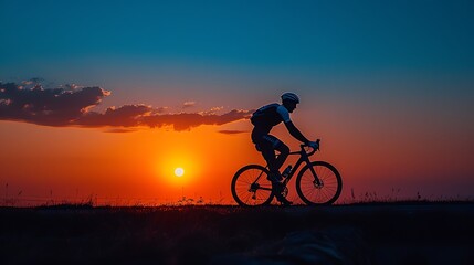 Fototapeta premium Cyclist silhouette on rural road sunset motion freedom feeli lifestyle concept with real people high quality authentic stock photography