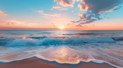 Calm beach sunset pastel sky gentle waves serene peaceful beautiful scenic outdoor landscape background high resolution nature photography