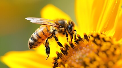 Fototapeta premium Macro bee on flower wildlife nature close-up detailed beautiful scenic outdoor landscape background high resolution nature photography