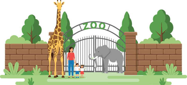 Vector Illustration of a Zoo Entrance Gate with a Brick Wall, Featuring a Giraffe, Elephant, and Family Visitors, Ideal for Wildlife Parks, Travel, and Conservation Concepts.