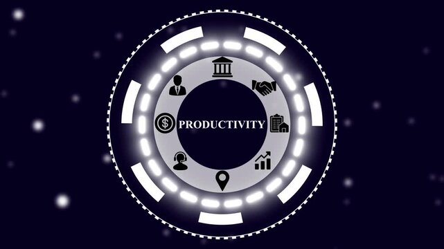 Digital concept of business productivity with icons representing finance, management, agreement, reporting, growth, location, customer support, and banking in a glowing red circular interface on a dar