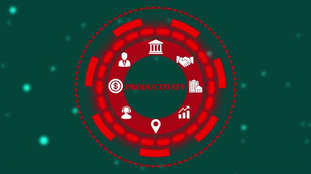 Digital concept of business productivity with icons representing finance, management, agreement, reporting, growth, location, customer support, and banking in a glowing red circular interface on a dar