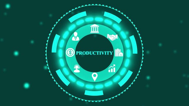 Digital concept of business productivity with icons representing finance, management, agreement, reporting, growth, location, customer support, and banking in a glowing red circular interface on a dar