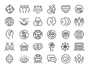 Diversity & Inclusion Icon Set with Flat Vector Icons including Multicultural People, Gender Equality, LGBTQ+, Disability, Equity, Accessibility, Inclusive Team, Cultural Diversity, Social Justice