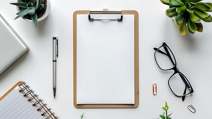 Minimal business concept blank clipboard pen eyeglasses clea professional corporate office workspace concept high quality business stock photo