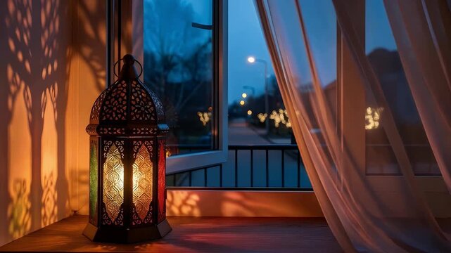 A beautifully lit ornate lantern casting intricate shadows by a window at dusk.