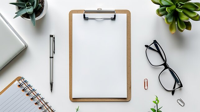Minimal business concept blank clipboard pen eyeglasses clea professional corporate office workspace concept high quality business stock photo