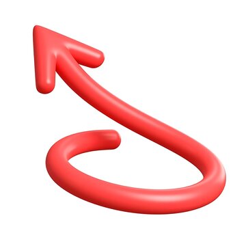 A glossy, curved, 3D red arrow loops upward from a lower, circular point toward the upper left direction