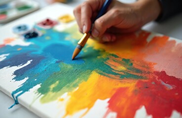 Naklejka premium Person holds paint brush. Artist paints colorful image on canvas. Close-up of hand, brush, paints. Colorful abstract drawing on paper. Leisure art activity, hobby, creative occupation. Fine art,