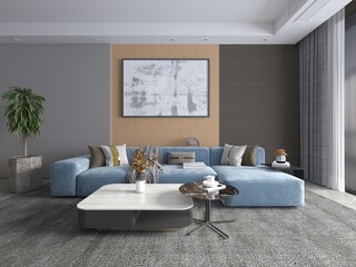 Modern living room interior with blue sofa, beige wall panel, abstract art, coffee table and green plant, 3D rendering.