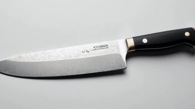 A sharp kitchen utensil, with a black handle, metal bolster, and a silver blade lies on a neutral backdrop, ready for culinary tasks