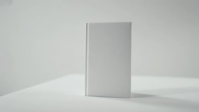 A vertically oriented hardcover book rests on a white surface, with a textured cover and spine. The background is a soft, light-toned setting