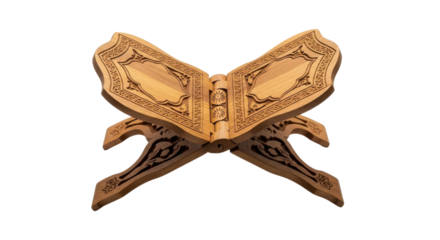 Ornate wooden book stand with intricate carvings and Islamic motifs bookstand, Isolated On Png Transparent Background