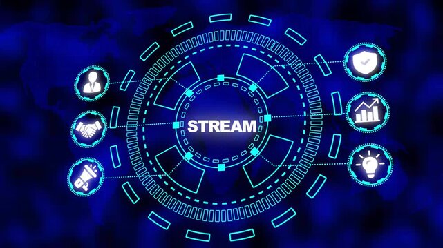 Futuristic network diagram with central word STREAM and world map backdrop STREAM digital