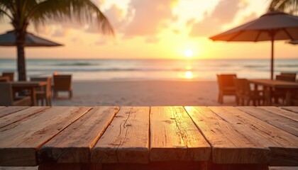 Empty rustic wooden tabletop serves as product display mockup. Blurred background shows tropical beach resort cafe with tables, chairs, palm trees. Ocean seaside visible during beautiful golden hour